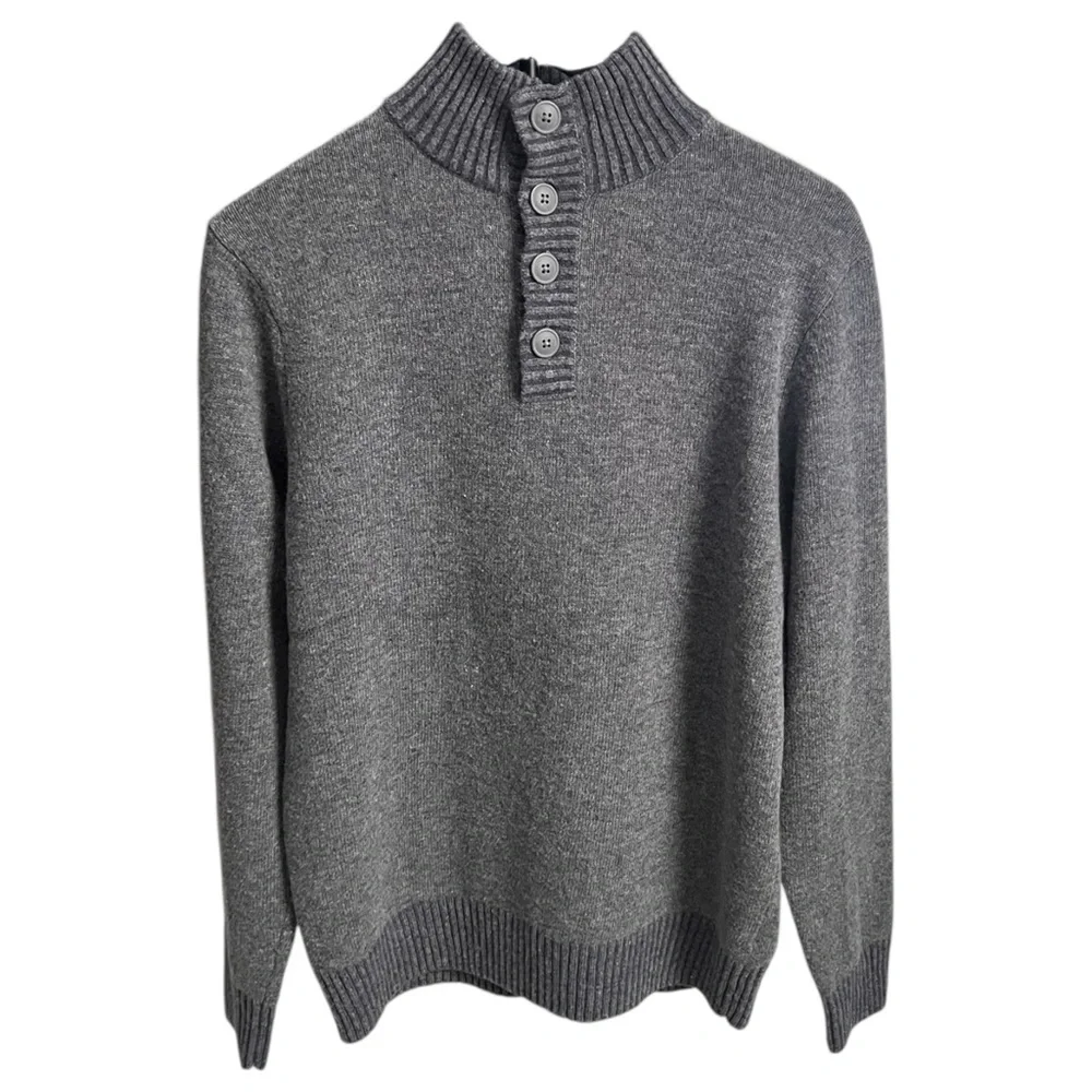 Wilkens Bros Gray Button Neck Henley Sweater Ribbed Knit Men's Medium - Workwear